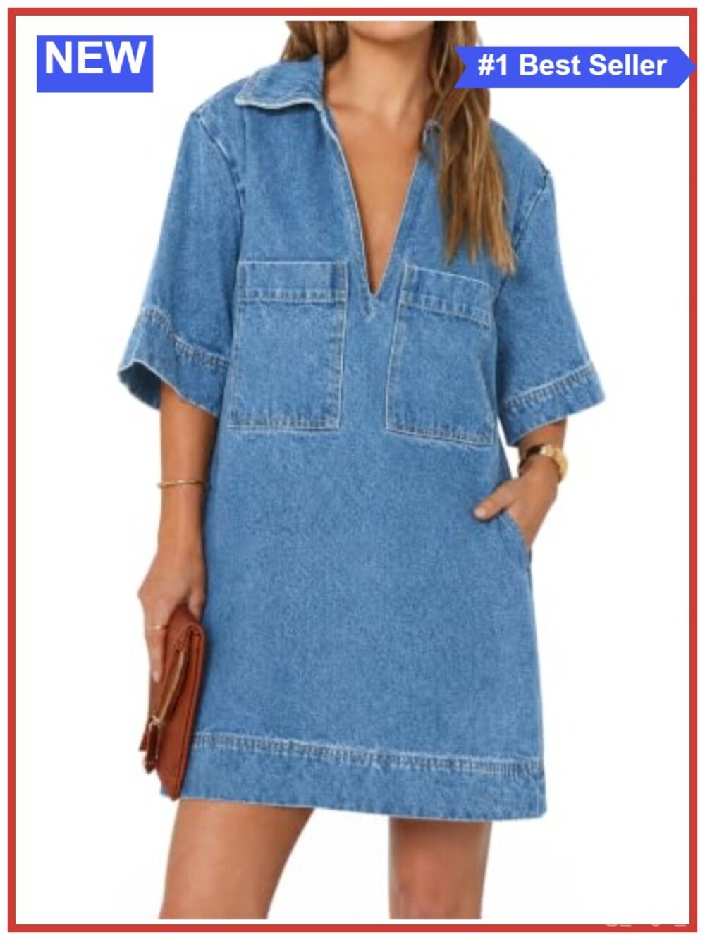 Fisoew Womens Denim Shirt Dress Summer Collared V Neck Mini Jean Dresses